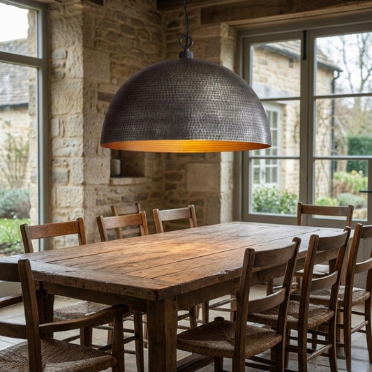 Hammered Brass Dome Pendant Light - Dark Brown Patina Exterior & Warm Brass Interior - Sizes 10"12"14" inches - customize your dimension - MetalGoodsPro