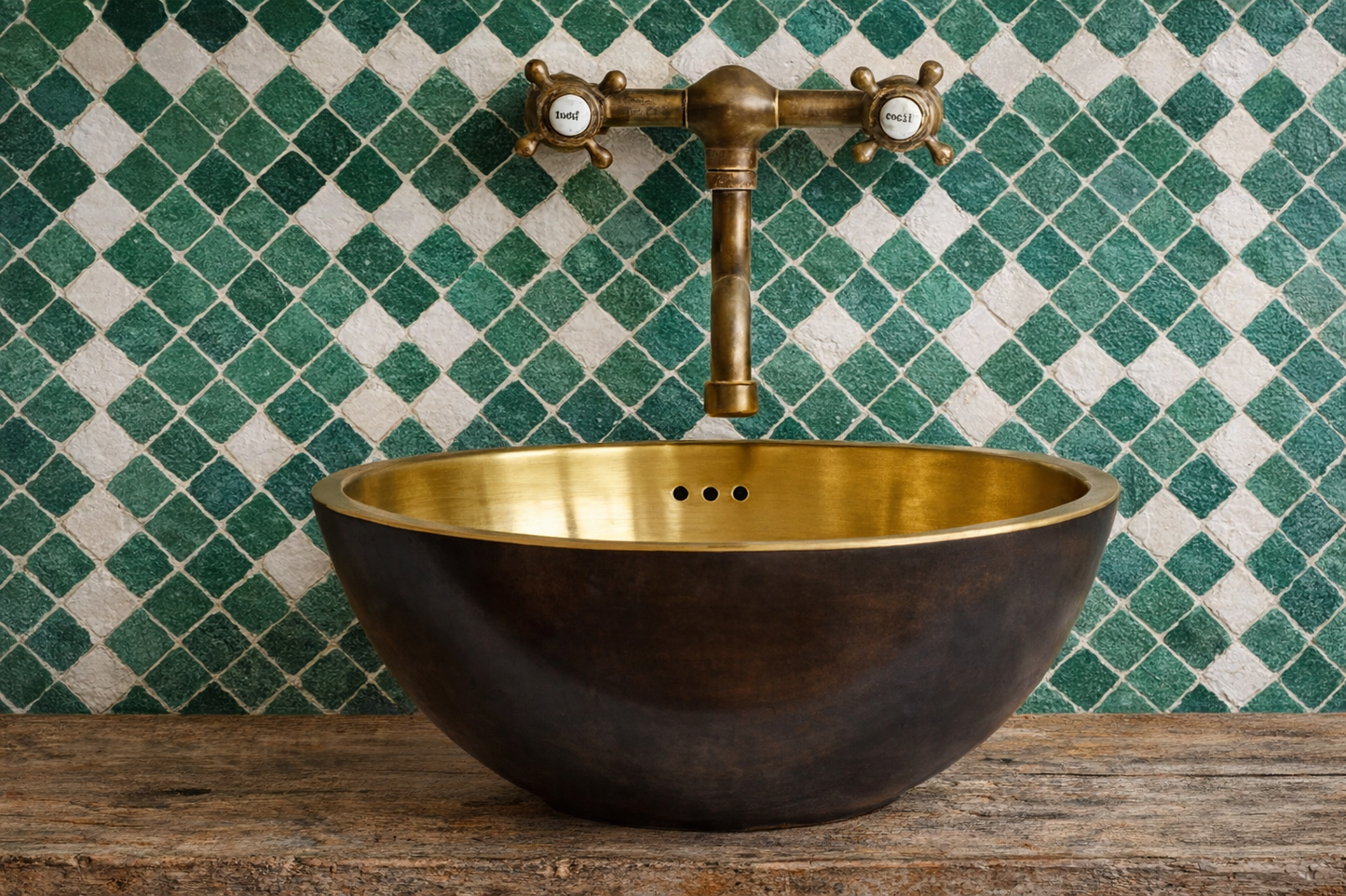 Hand-Hammered Solid Copper Vessel Sink - Authentic Moroccan Artisan Basin Gold interior and Black exterior