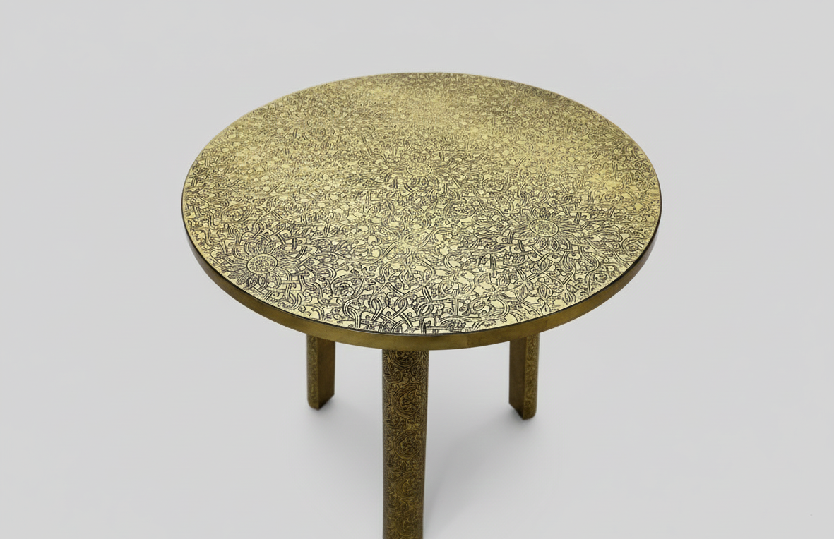 Hand-Engraved Round Brass Coffee Table - Moroccan Artisanal Side Table with Carved Legs - Solid Brass Home Decor