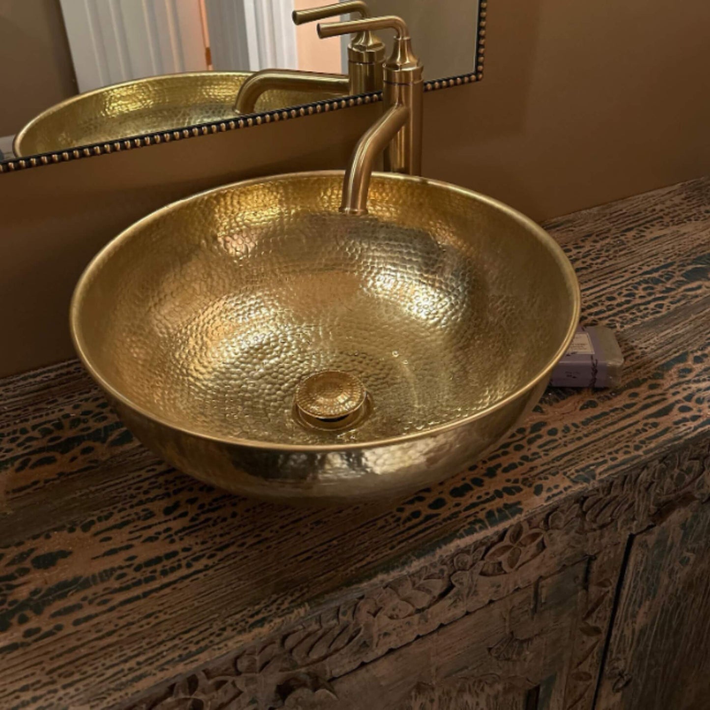 Moroccan Small Round Brass Vanity Sink - Handcrafted Hammered Metal Vessel - 8", 10", 12" Sizes