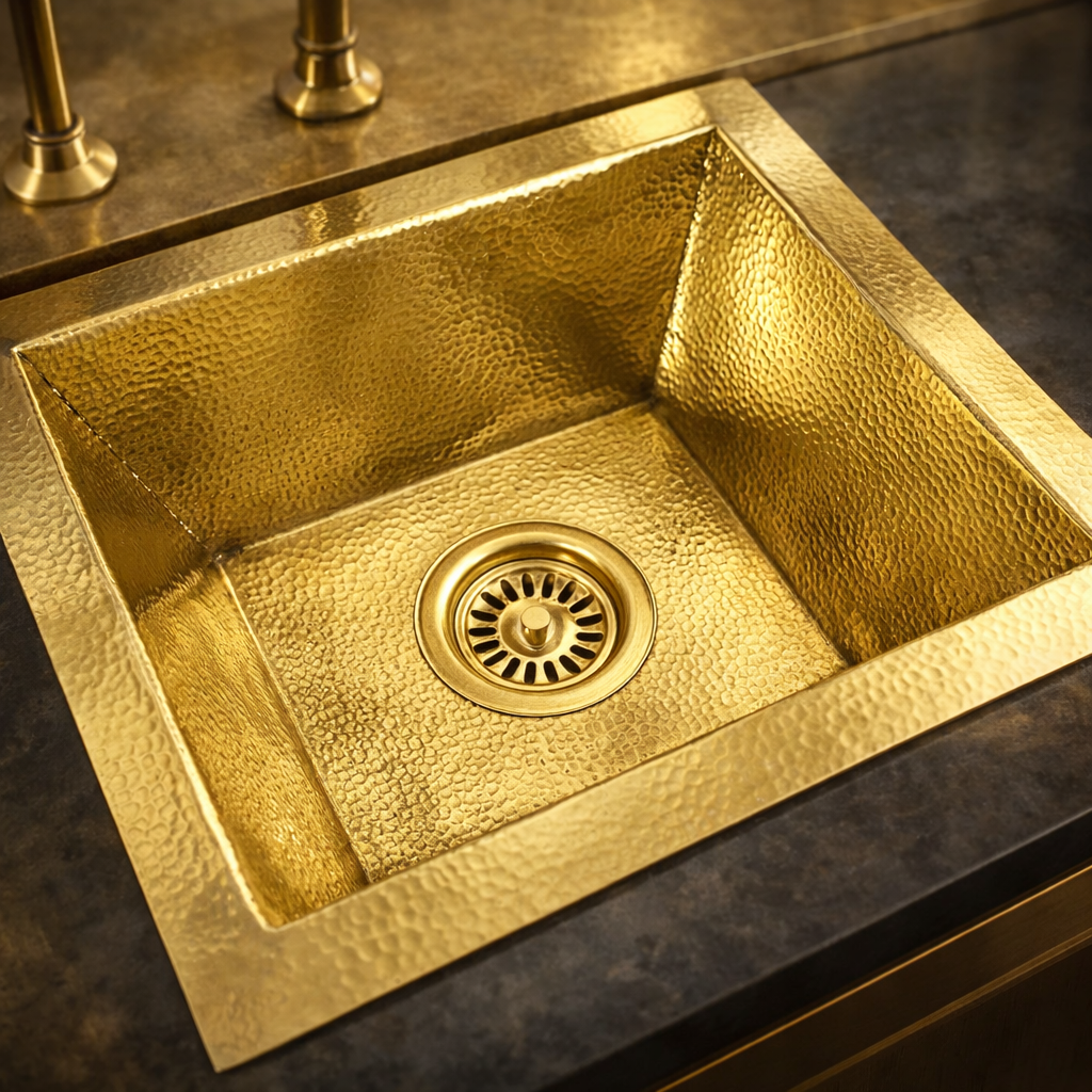Hand-Hammered Square Brass Kitchen Sink – Unlacquered Gold Finish