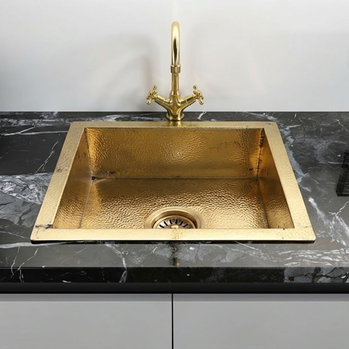 Hand-Hammered Square Brass Kitchen Sink – Unlacquered Gold Finish