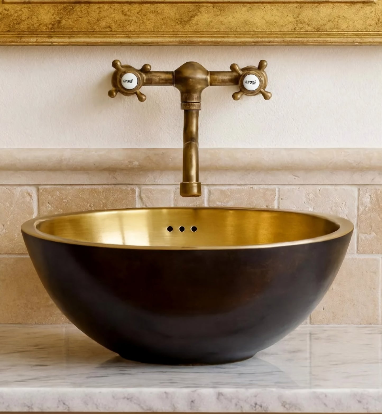 Hand-Hammered Solid Copper Vessel Sink - Authentic Moroccan Artisan Basin Gold interior and Black exterior