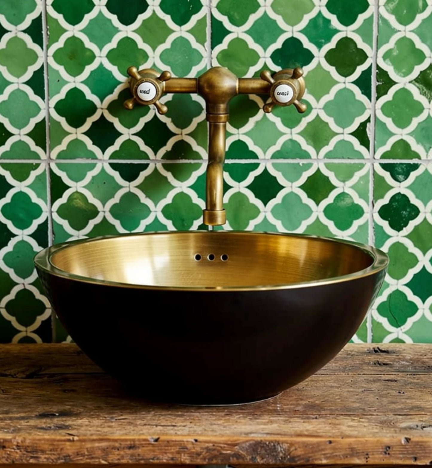 Hand-Hammered Solid Copper Vessel Sink - Authentic Moroccan Artisan Basin Gold interior and Black exterior