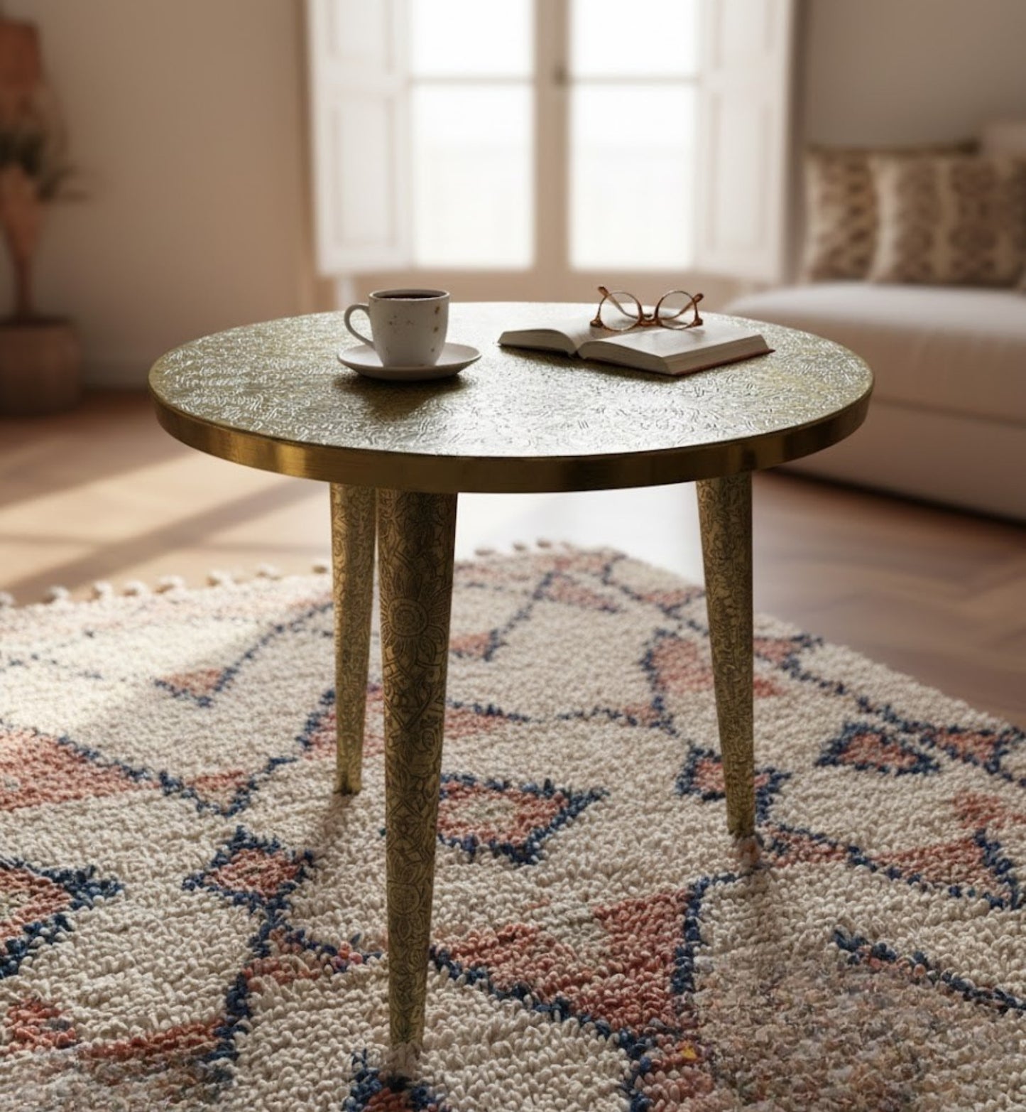 Hand-Engraved Round Brass Coffee Table - Moroccan Artisanal Side Table with Carved Legs - Solid Brass Home Decor