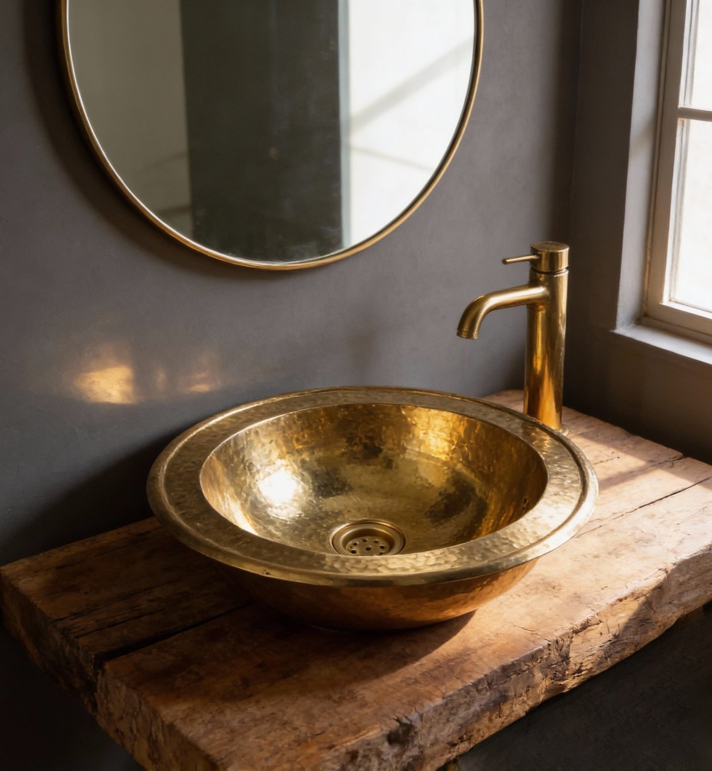 Hand-Hammered Small Round Brass Sink - Authentic Moroccan Gold Vessel Basin