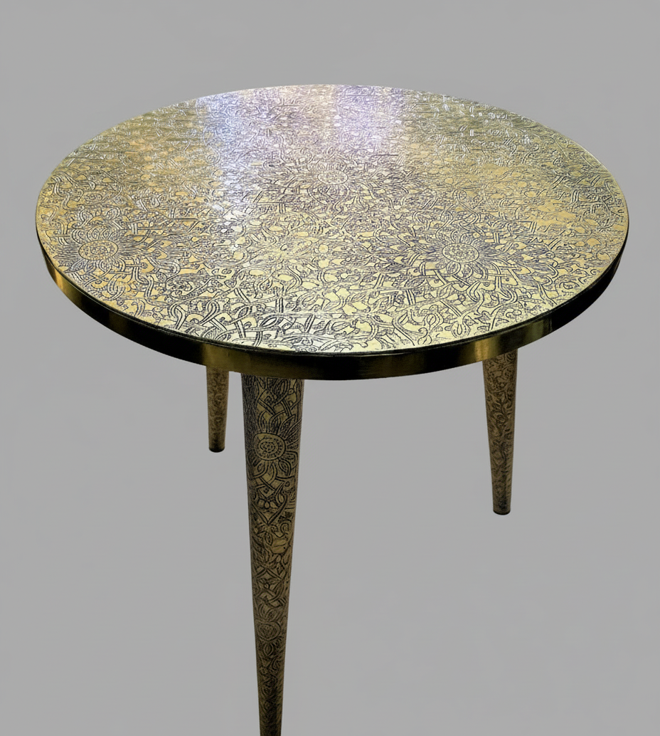 Hand-Engraved Round Brass Coffee Table - Moroccan Artisanal Side Table with Carved Legs - Solid Brass Home Decor